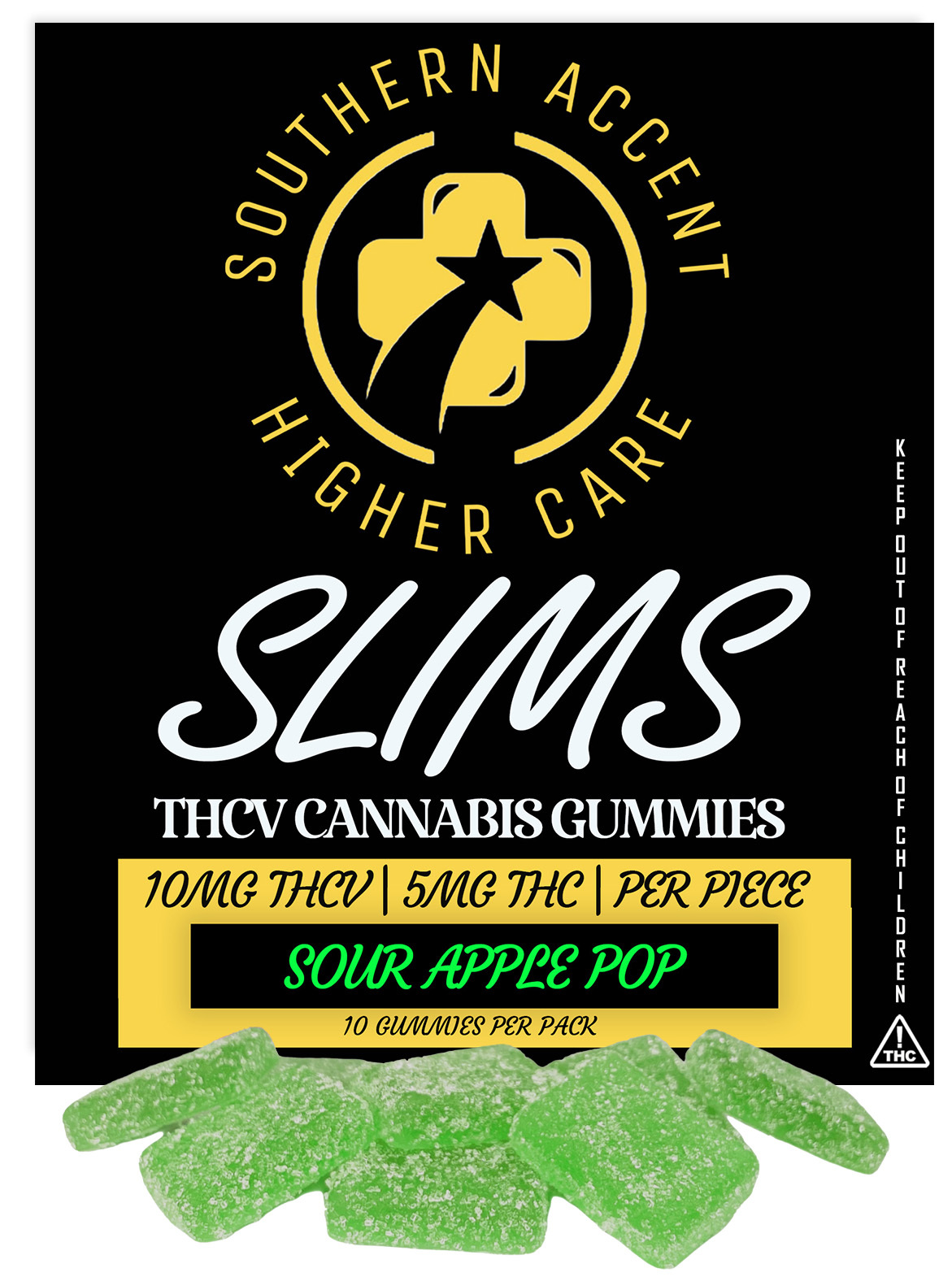 Southern Accent Slims (50mg THC : 100mg THCV) - Sour Apple Pop Appetite Suppressing Gummies (5.5mg THC, 9.2mg THCV)