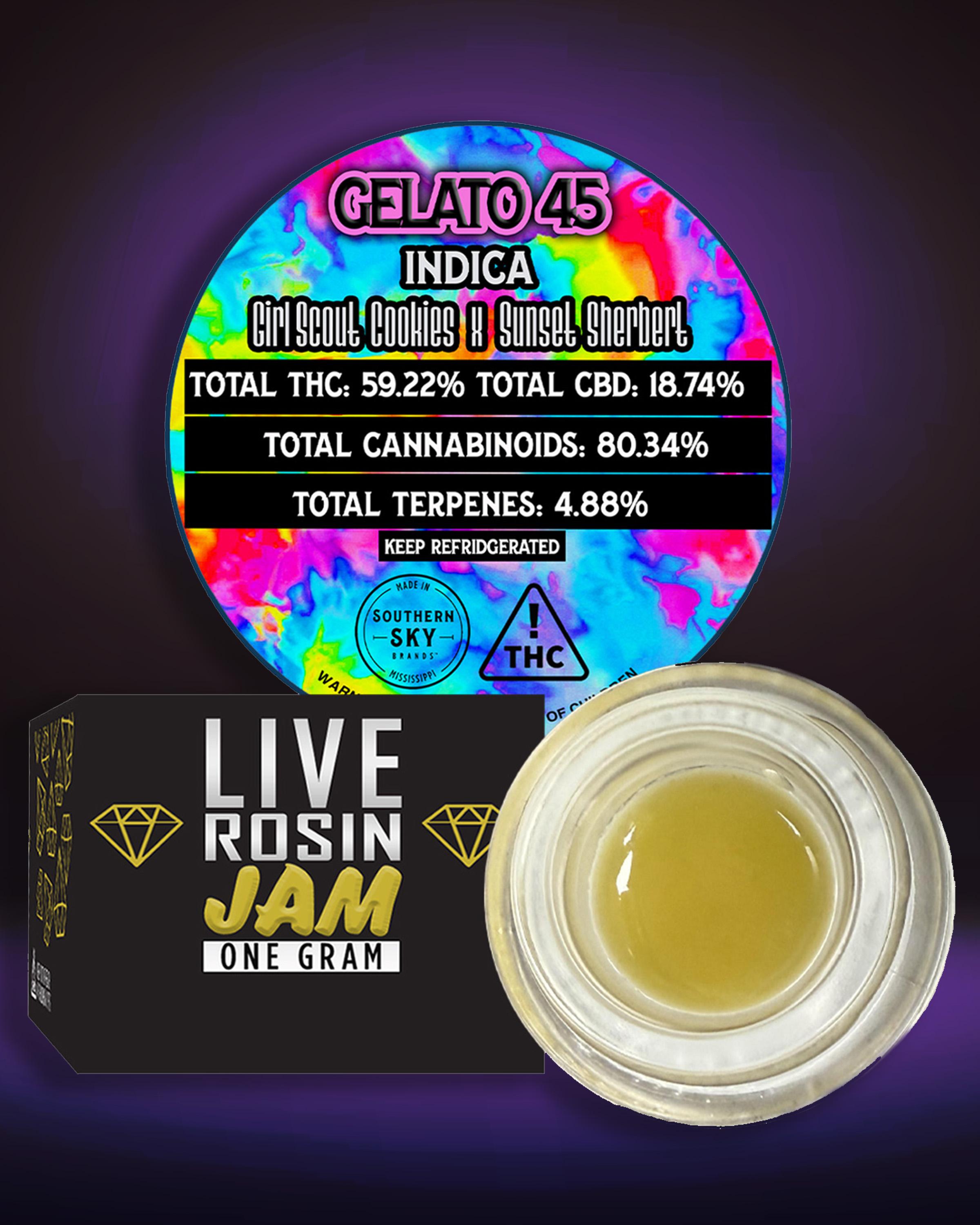 LIVE ROSIN JAM - 1g Gelato 45 Jars (59.2% THC, 4.89% terps) - INDICA