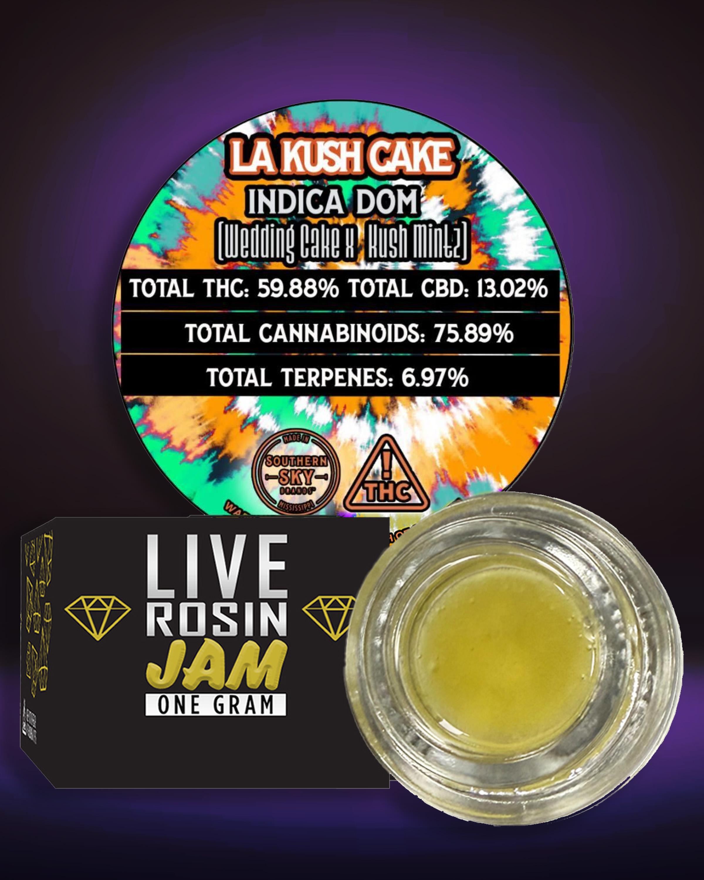 LIVE ROSIN JAM - 1g LA Kush Cake Jars (59.9% THC, 6.97% terps) - INDICA