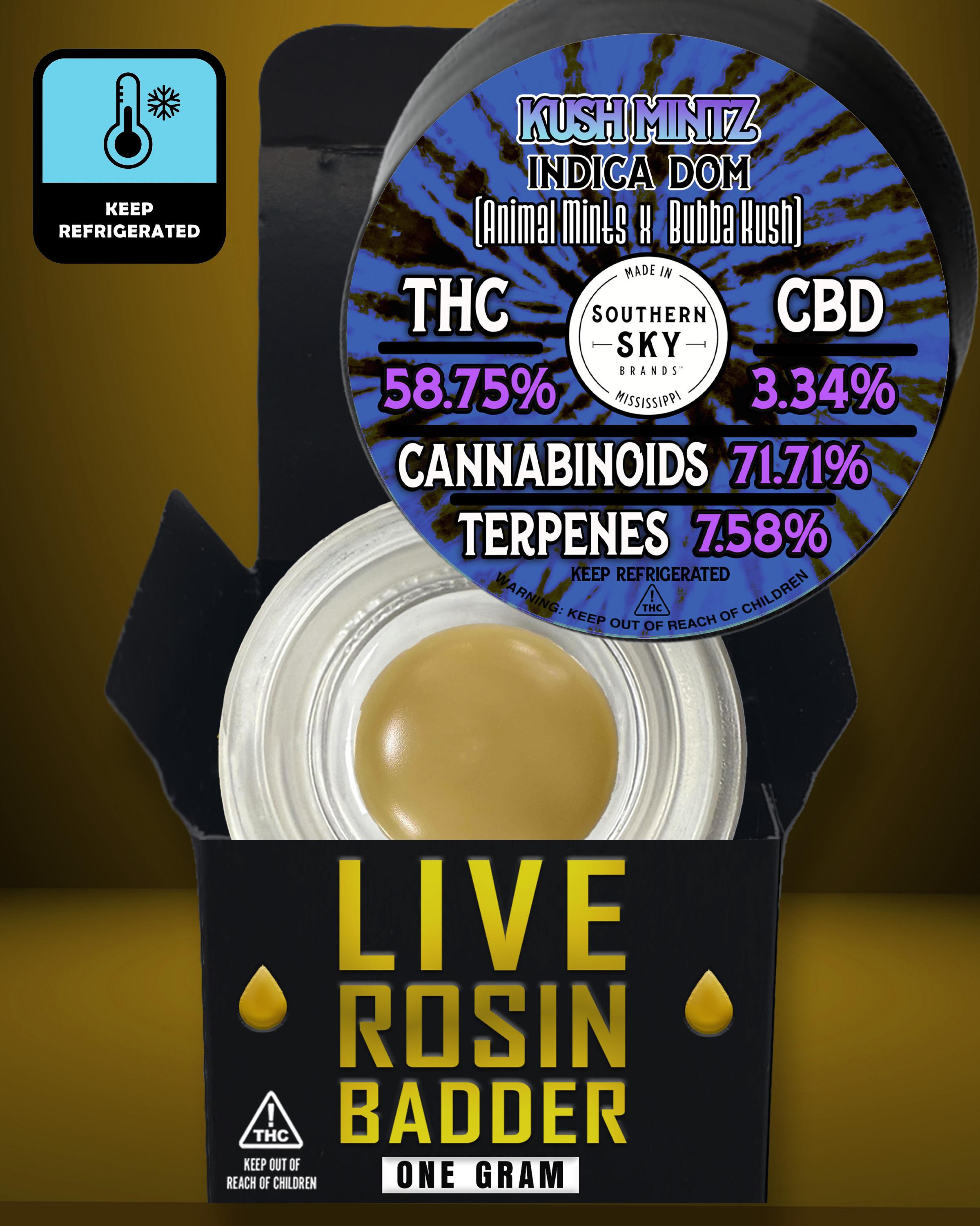 1g Kush Mintz - LIVE ROSIN BADDER Jars (58.8% THC, 7.58% terps) - INDICA DOM