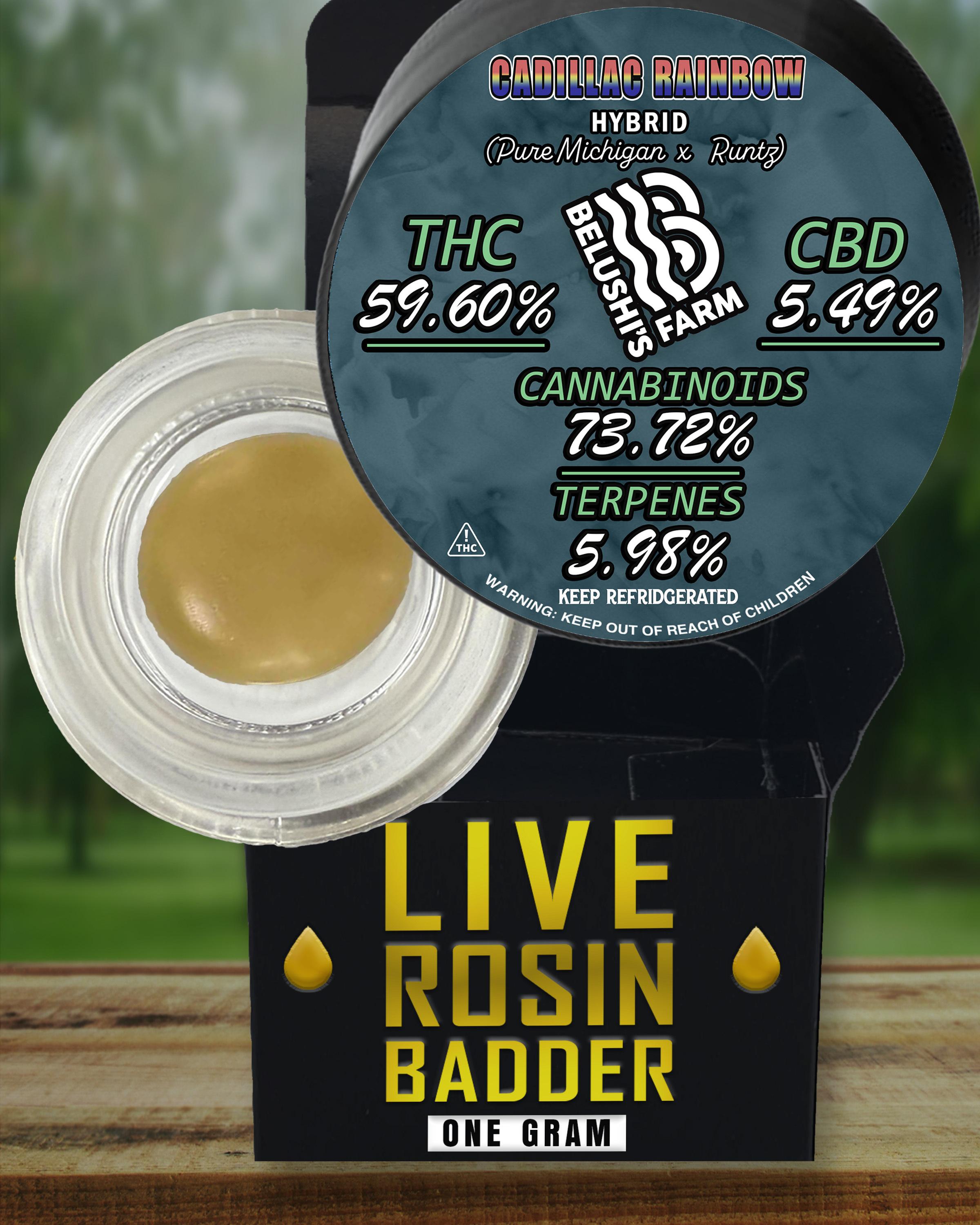 Belushi Farms 1g Cadillac Rainbow - LIVE ROSIN BADDER Jars (59.6% THC, 5.99% terps) - HYBRID